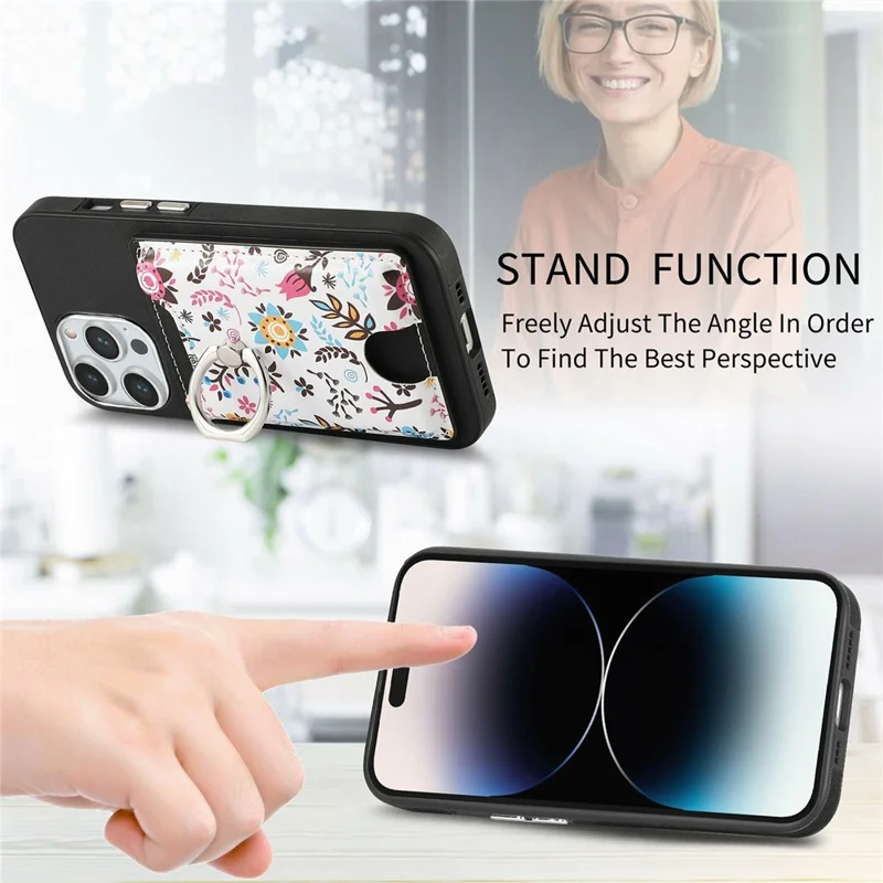 Für iPhone 16 Pro Hülle Kickstand Leder beschichtete TPU Muster Rückabdeckung - Schwarz