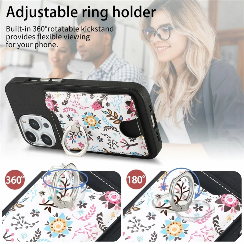 Für iPhone 16 Pro Hülle Kickstand Leder beschichtete TPU Muster Rückabdeckung - Schwarz