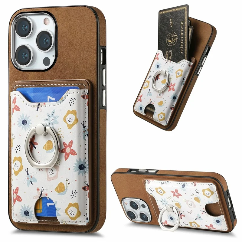 For iPhone 16 Pro Case Kickstand Leather Coated TPU Pattern Back Cover - Brown