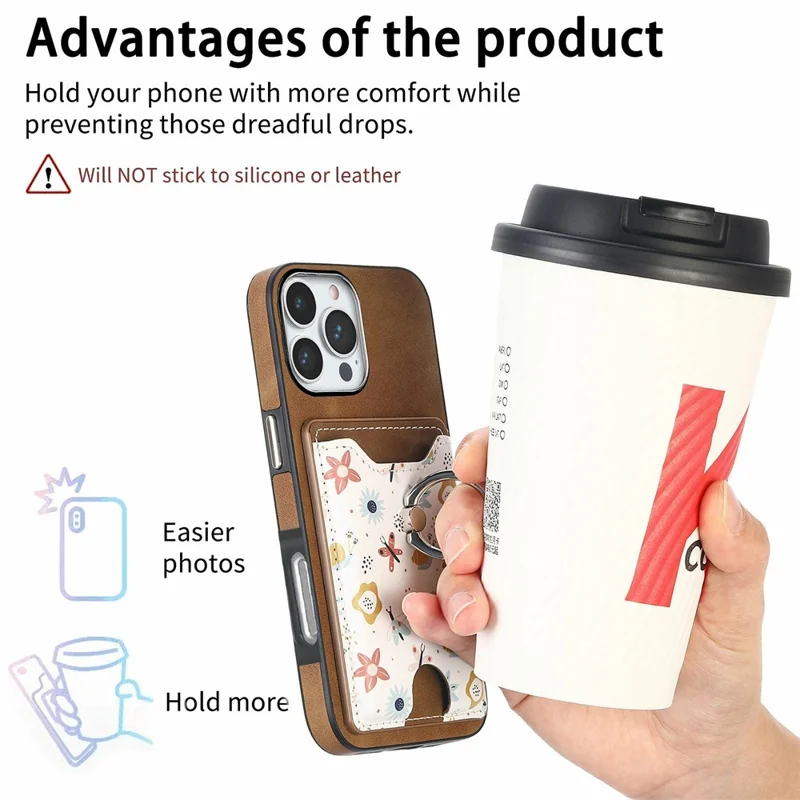 For iPhone 16 Pro Case Kickstand Leather Coated TPU Pattern Back Cover - Brown