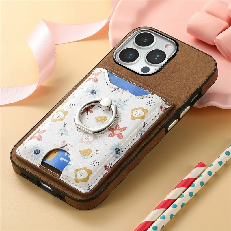 For iPhone 16 Pro Case Kickstand Leather Coated TPU Pattern Back Cover - Brown