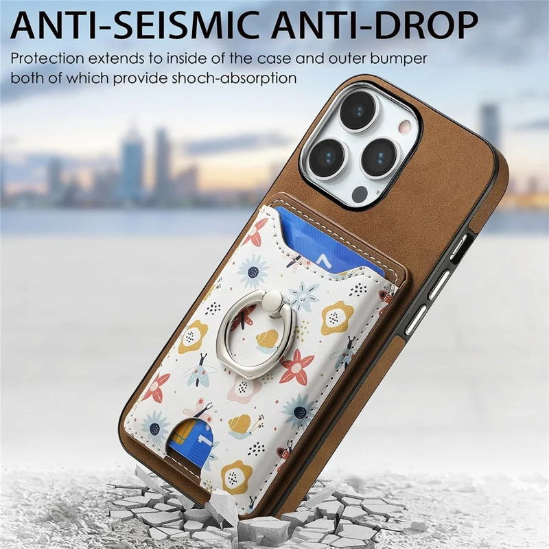 For iPhone 16 Pro Case Kickstand Leather Coated TPU Pattern Back Cover - Brown