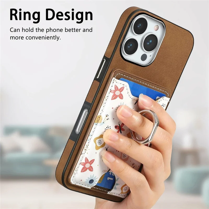 For iPhone 16 Pro Case Kickstand Leather Coated TPU Pattern Back Cover - Brown