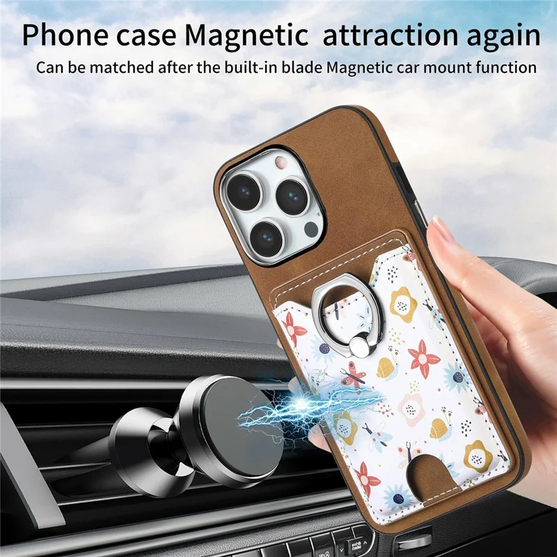 For iPhone 16 Pro Case Kickstand Leather Coated TPU Pattern Back Cover - Brown