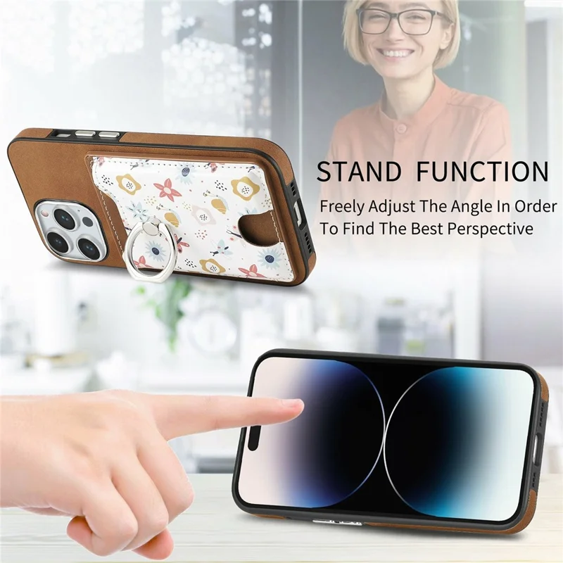 For iPhone 16 Pro Case Kickstand Leather Coated TPU Pattern Back Cover - Brown