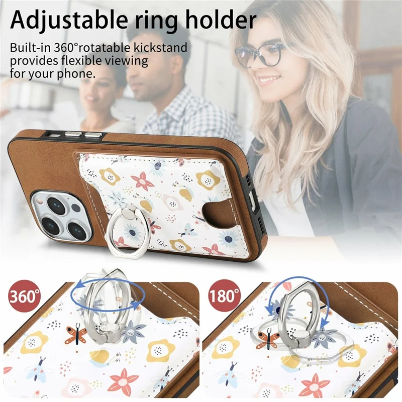 For iPhone 16 Pro Case Kickstand Leather Coated TPU Pattern Back Cover - Brown