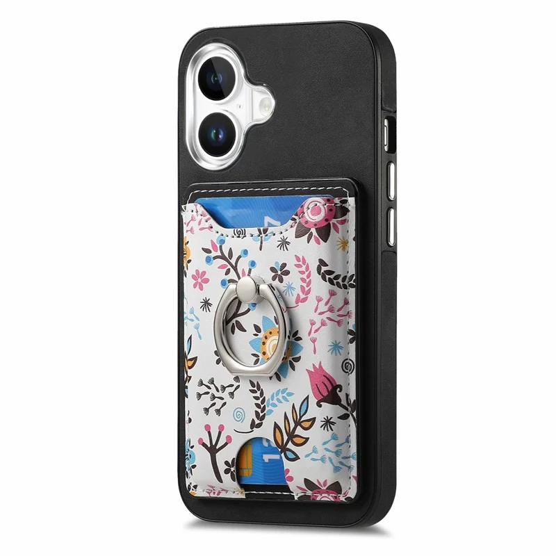 Für iPhone 16 Hülle Kickstand Leder beschichtete TPU Muster Rückabdeckung - Schwarz