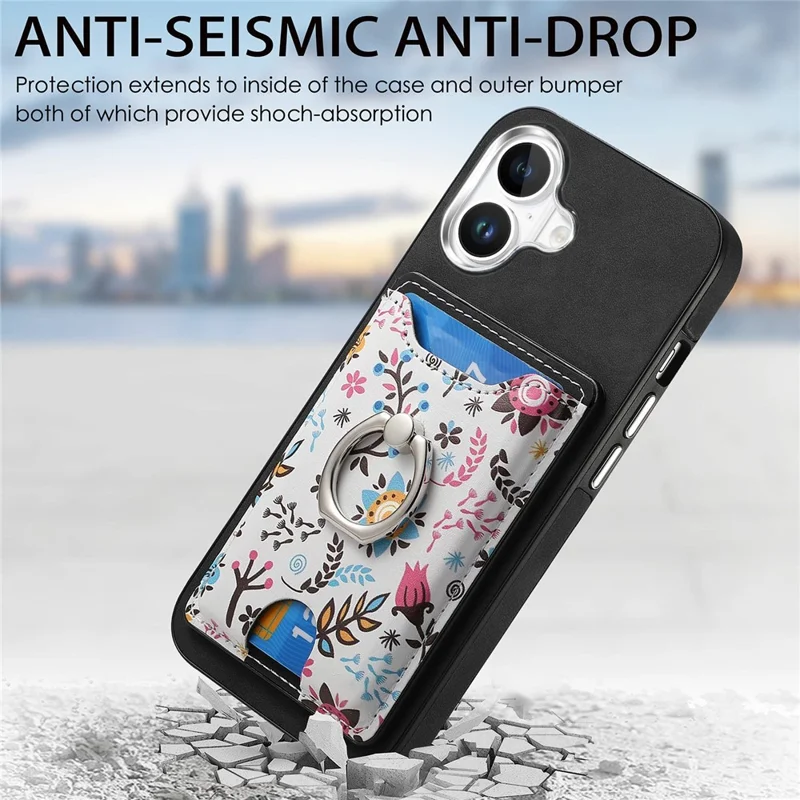 Für iPhone 16 Hülle Kickstand Leder beschichtete TPU Muster Rückabdeckung - Schwarz