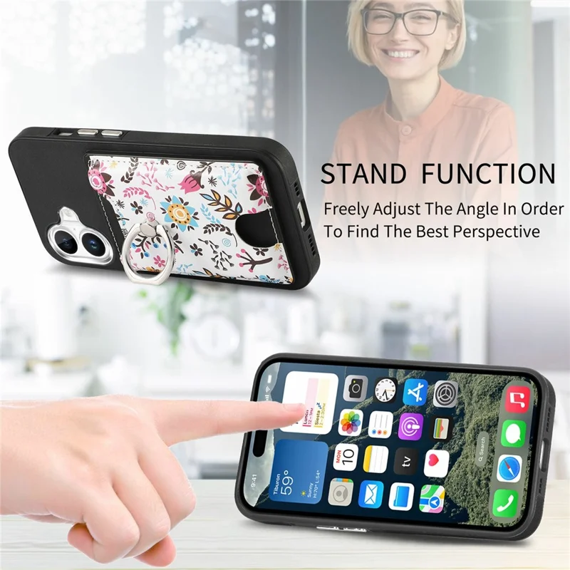 Für iPhone 16 Hülle Kickstand Leder beschichtete TPU Muster Rückabdeckung - Schwarz