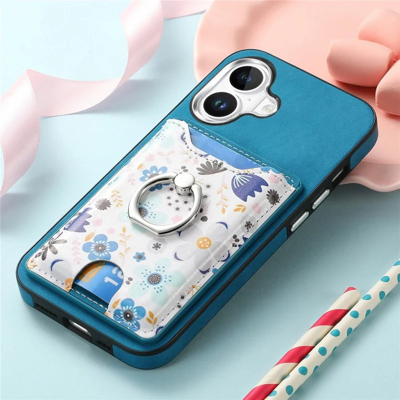 For iPhone 16 Case Kickstand Leather Coated TPU Pattern Back Cover - Blue