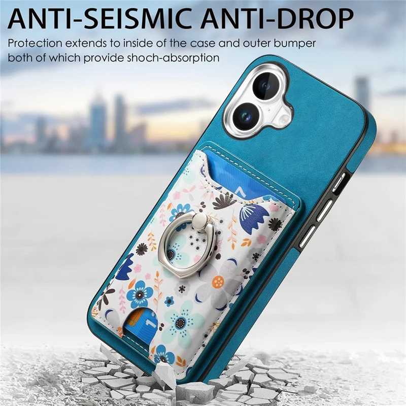 For iPhone 16 Case Kickstand Leather Coated TPU Pattern Back Cover - Blue