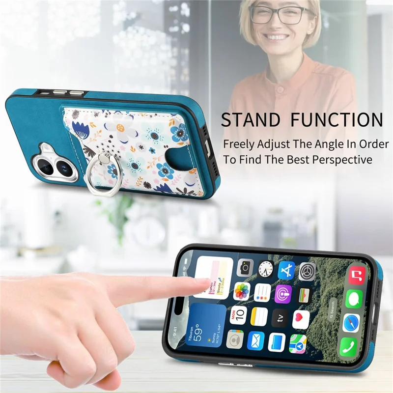 For iPhone 16 Case Kickstand Leather Coated TPU Pattern Back Cover - Blue