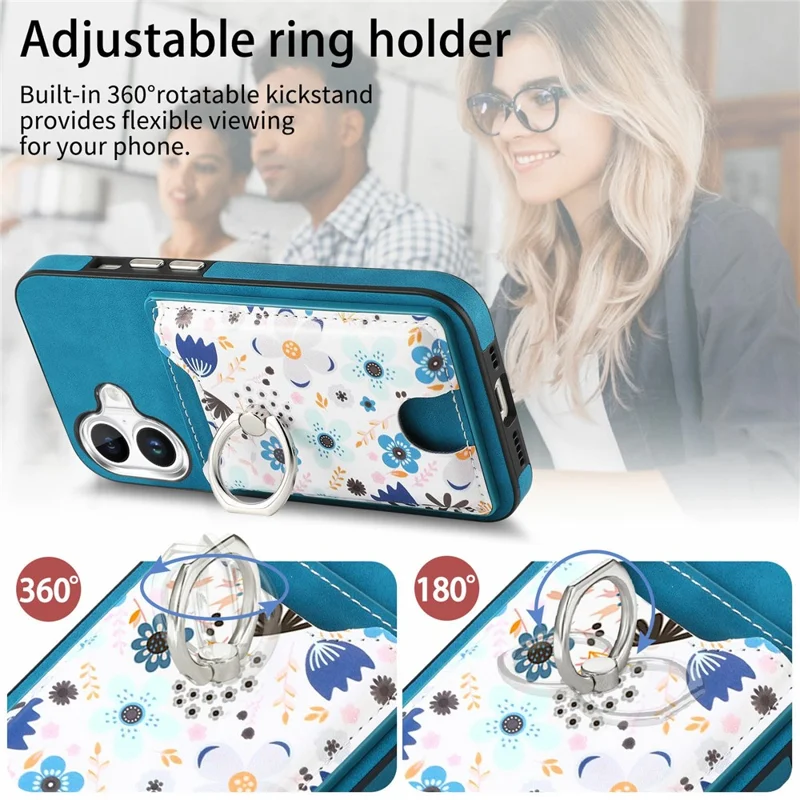 For iPhone 16 Case Kickstand Leather Coated TPU Pattern Back Cover - Blue