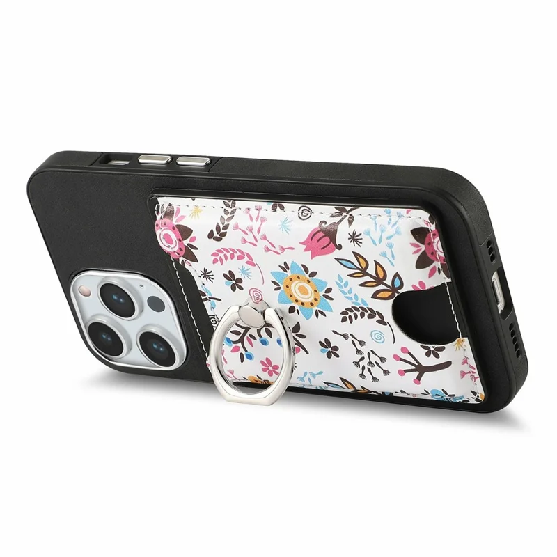Für iPhone 16 Pro Max Hülle Kickstand Lederüberzug TPU Muster Rückabdeckung - Schwarz