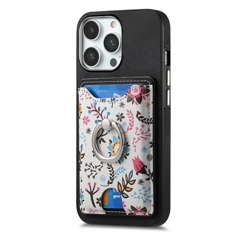 Für iPhone 16 Pro Max Hülle Kickstand Lederüberzug TPU Muster Rückabdeckung - Schwarz