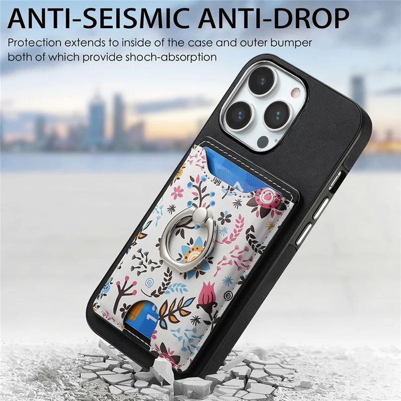 Für iPhone 16 Pro Max Hülle Kickstand Lederüberzug TPU Muster Rückabdeckung - Schwarz
