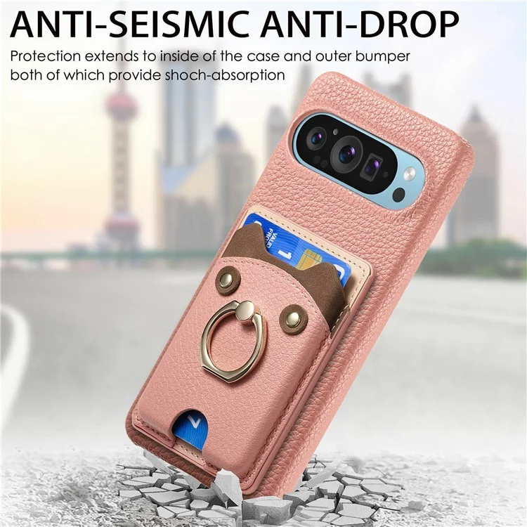 For Google Pixel 9 Pro XL Case Cute Bear Design PU Leather+TPU Card Holder Phone Cover - Pink