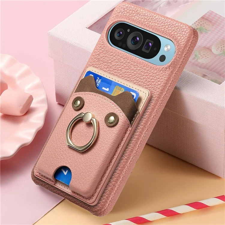 For Google Pixel 9 Pro XL Case Cute Bear Design PU Leather+TPU Card Holder Phone Cover - Pink