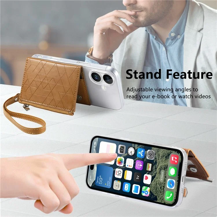 Klare Schutzhülle für iPhone 16, stoßfest, TPU, mit Kickstand-Geldbörse - Braun