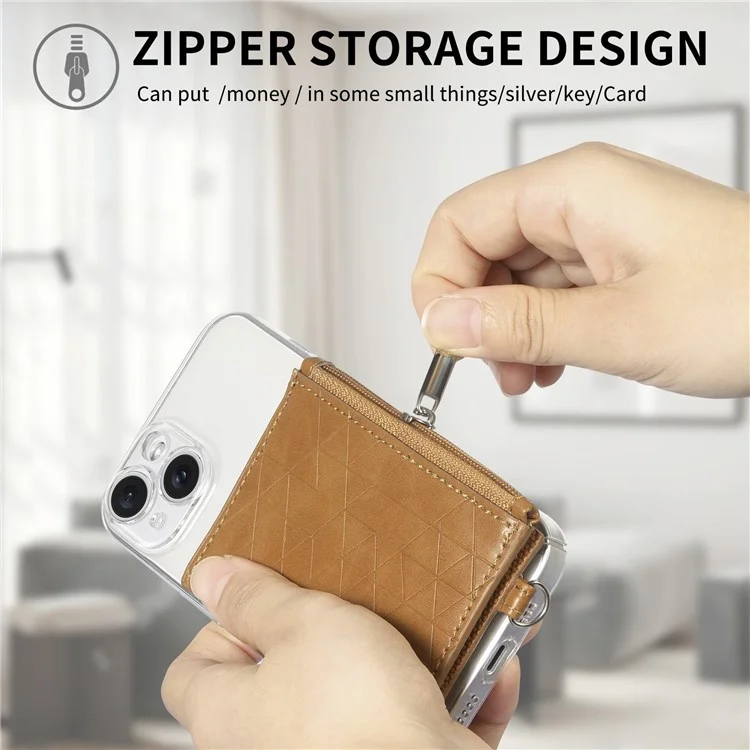 Funda transparente para iPhone 15, antichoques, de TPU, con soporte y cartera - Marrón