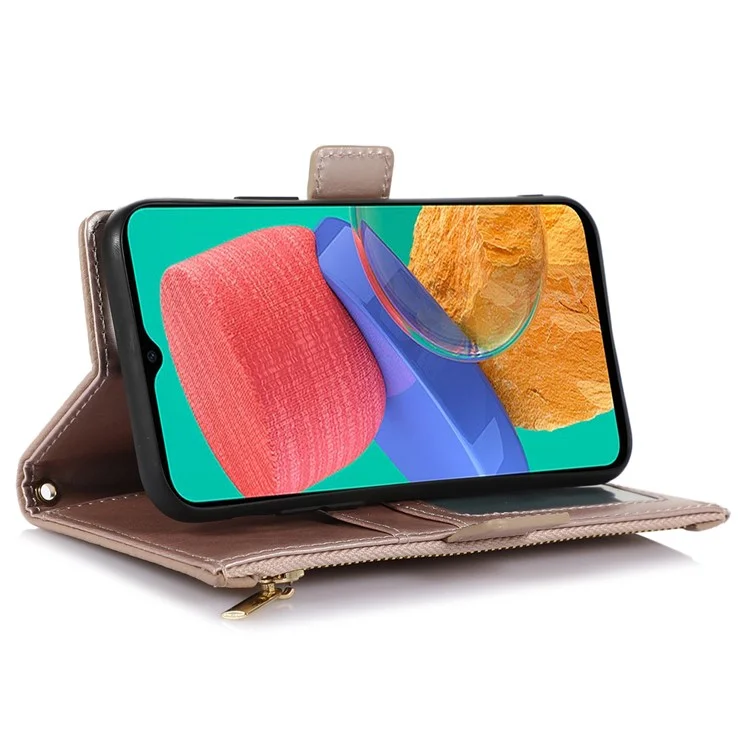 For Samsung Galaxy M33 5G (Global Version) Litchi Texture Phone Case Zipper Pocket Folio Flip PU Leather Wallet with Strap - Apricot