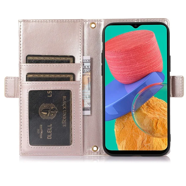 For Samsung Galaxy M33 5G (Global Version) Litchi Texture Phone Case Zipper Pocket Folio Flip PU Leather Wallet with Strap - Apricot
