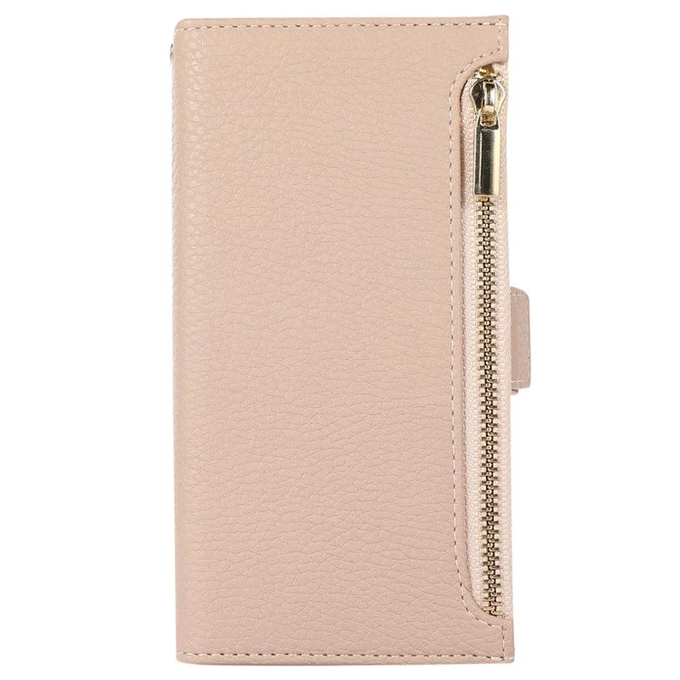 For Samsung Galaxy M33 5G (Global Version) Litchi Texture Phone Case Zipper Pocket Folio Flip PU Leather Wallet with Strap - Apricot