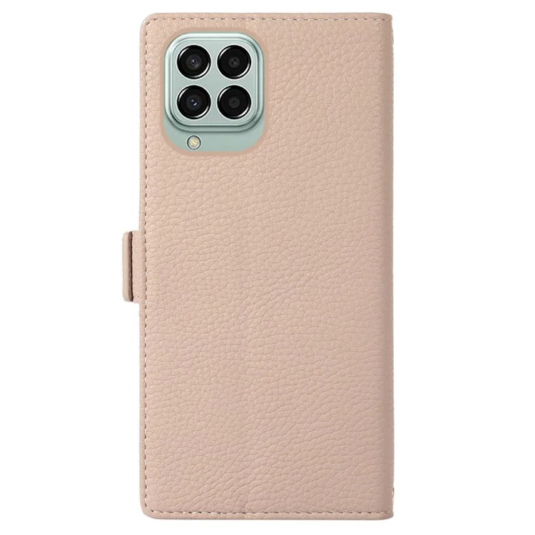 For Samsung Galaxy M33 5G (Global Version) Litchi Texture Phone Case Zipper Pocket Folio Flip PU Leather Wallet with Strap - Apricot