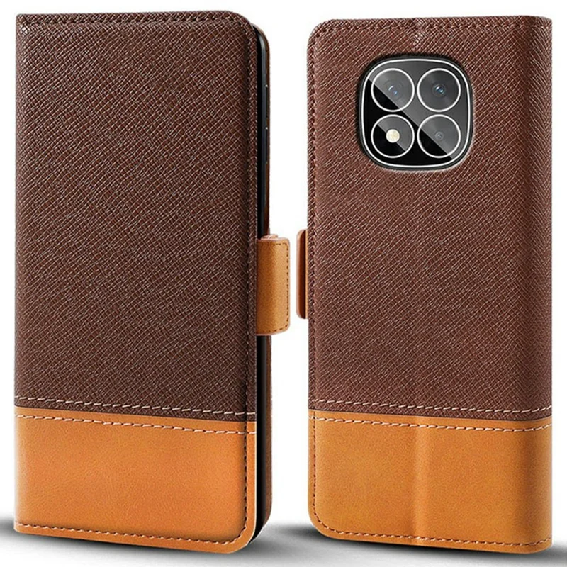 For Xiaomi Redmi Note 14 Pro 5G / Poco X7 5G Case Color Splicing PU Leather Wallet Phone Cover - Brown