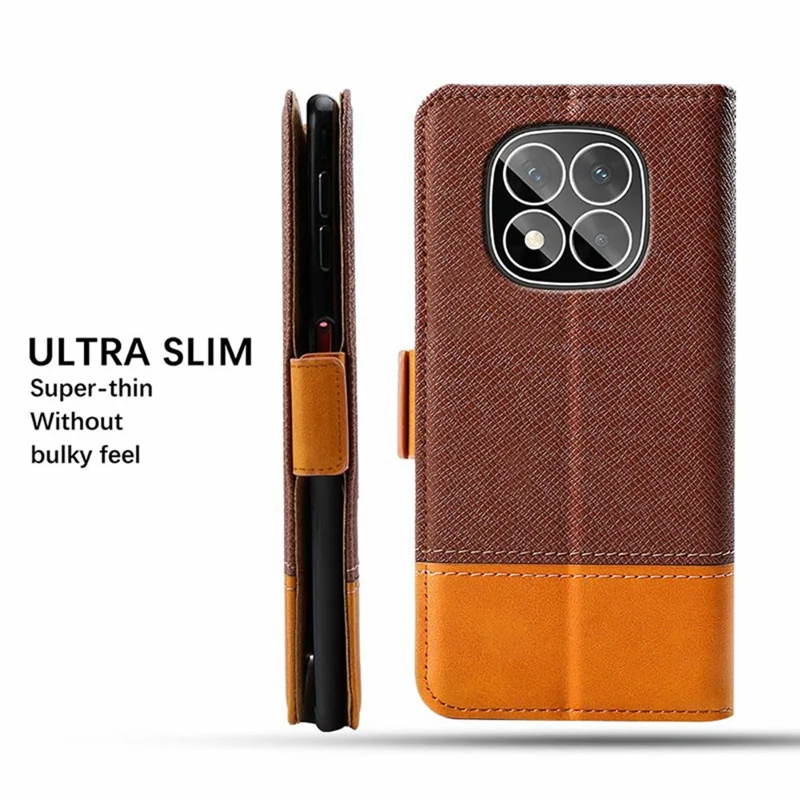 For Xiaomi Redmi Note 14 Pro 5G / Poco X7 5G Case Color Splicing PU Leather Wallet Phone Cover - Brown