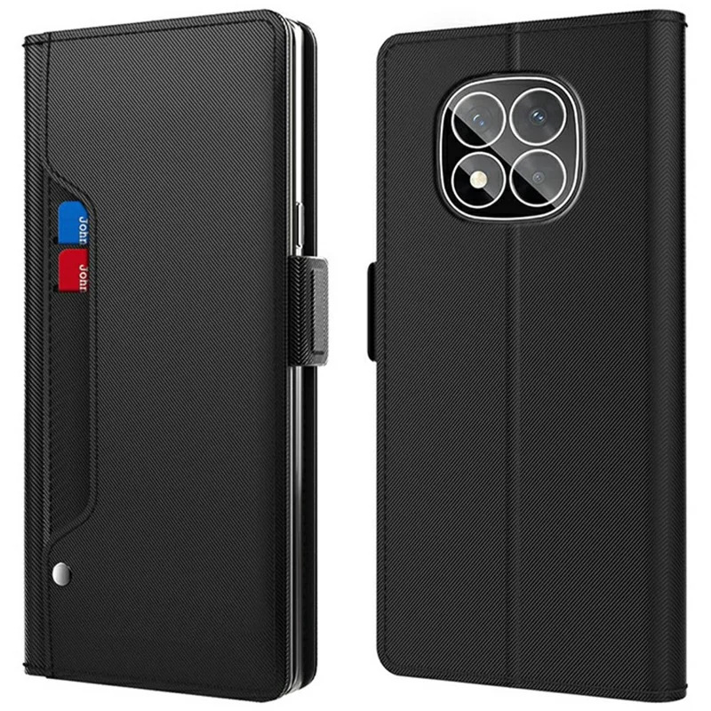 For Xiaomi Redmi Note 14 Pro 5G / Poco X7 5G Case Stand PU Leather Phone Cover Card Holder Mirror - Black
