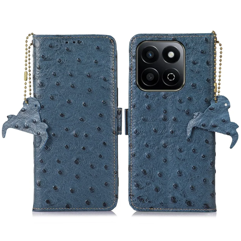 For Honor X7c 4G / 200 Smart 5G / Play 60 Plus 5G Case RFID Blocking Genuine Cow Leather Phone Case Ostrich Texture - Blue