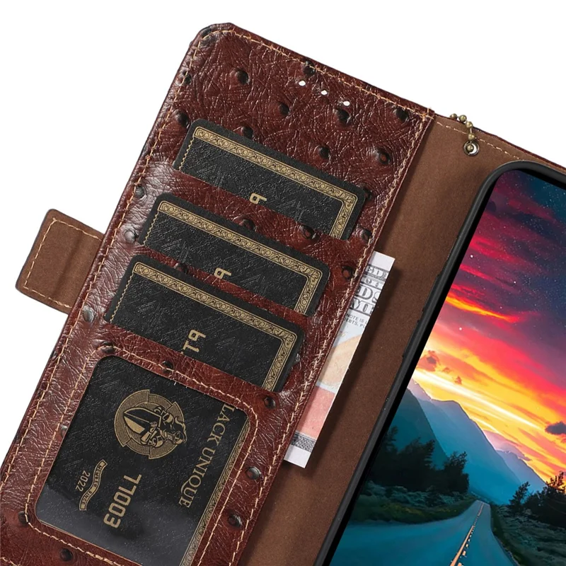 For Honor X7c 5G / X7c 4G / 200 Smart 5G / Play 60 Plus 5G Case RFID Blocking Genuine Cow Leather Phone Case Ostrich Texture - Coffee
