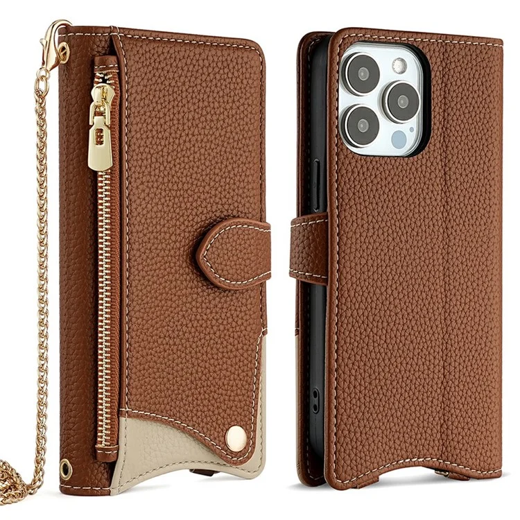 For iPhone 16 Pro Leather Case Wallet Stand Cover Irregular Tail Style with Chain Strap - Brown