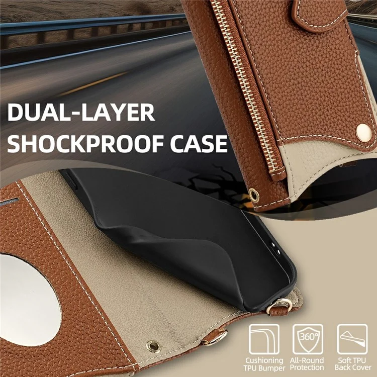 For iPhone 16 Pro Leather Case Wallet Stand Cover Irregular Tail Style with Chain Strap - Brown