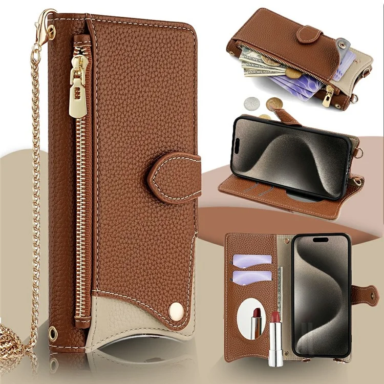 For iPhone 16 Pro Leather Case Wallet Stand Cover Irregular Tail Style with Chain Strap - Brown