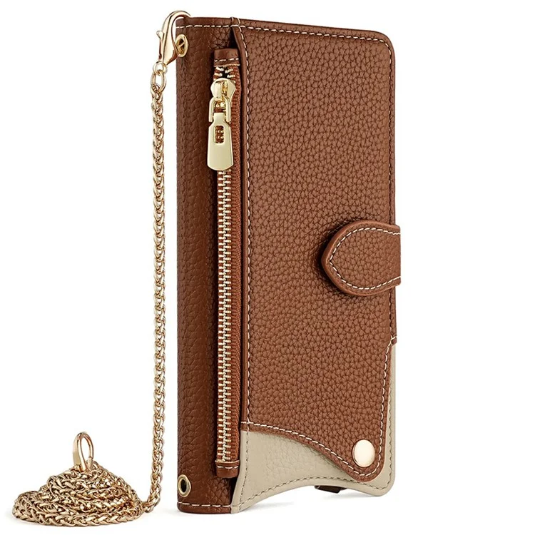 For iPhone 16 Pro Leather Case Wallet Stand Cover Irregular Tail Style with Chain Strap - Brown