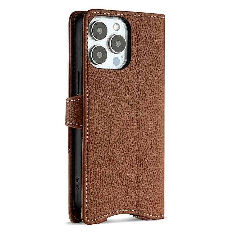 For iPhone 16 Pro Leather Case Wallet Stand Cover Irregular Tail Style with Chain Strap - Brown