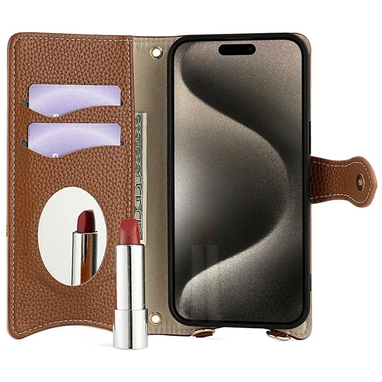 For iPhone 16 Pro Leather Case Wallet Stand Cover Irregular Tail Style with Chain Strap - Brown