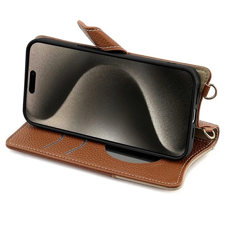 For iPhone 16 Pro Leather Case Wallet Stand Cover Irregular Tail Style with Chain Strap - Brown