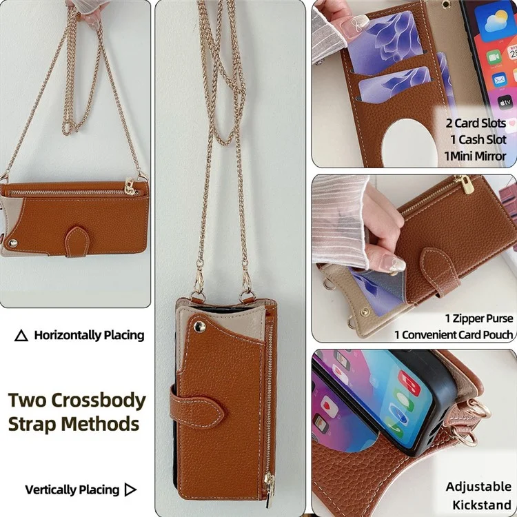 For iPhone 16 Pro Leather Case Wallet Stand Cover Irregular Tail Style with Chain Strap - Brown