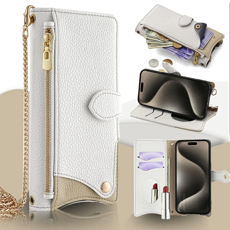 For iPhone 16 Pro Leather Case Wallet Stand Cover Irregular Tail Style with Chain Strap - White