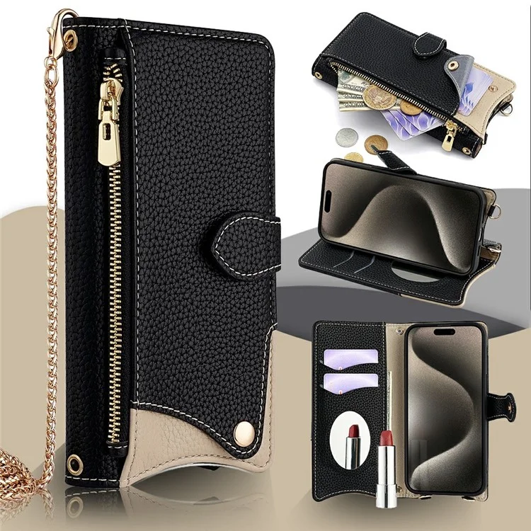 For iPhone 16 Pro Max Leather Case Wallet Stand Cover Irregular Tail Style with Chain Strap - Black