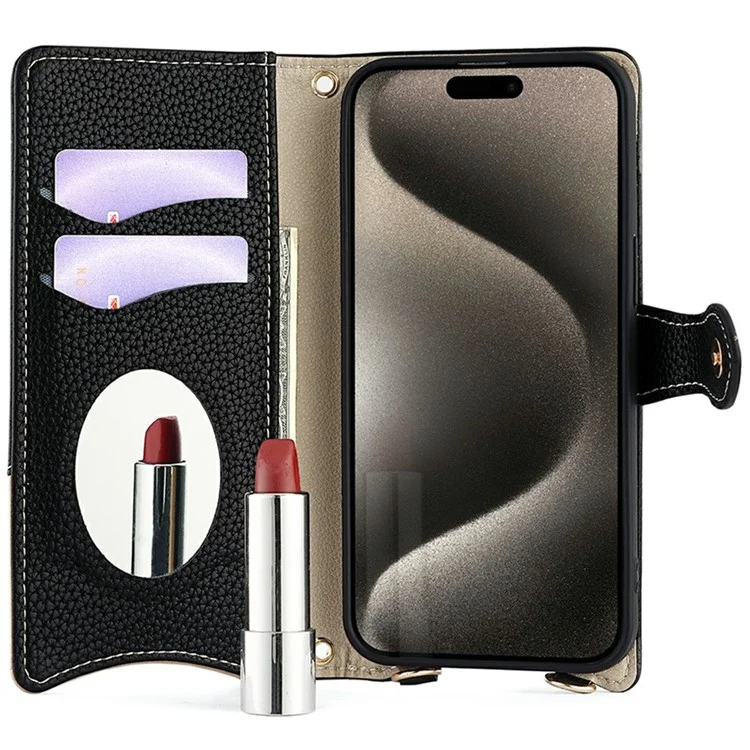 For iPhone 16 Pro Max Leather Case Wallet Stand Cover Irregular Tail Style with Chain Strap - Black