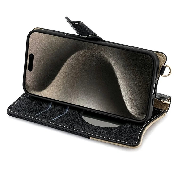 For iPhone 16 Pro Max Leather Case Wallet Stand Cover Irregular Tail Style with Chain Strap - Black