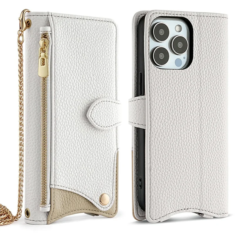 For iPhone 16 Pro Max Leather Case Wallet Stand Cover Irregular Tail Style with Chain Strap - White