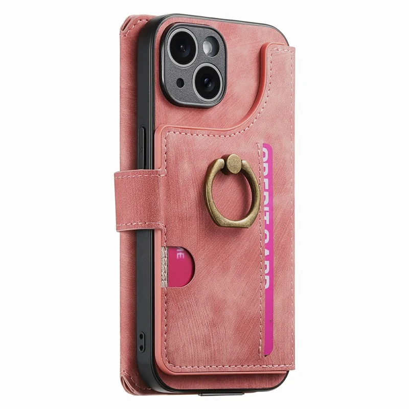 For iPhone 15 Case Zipper Wallet Kickstand Ring Holder Leather + TPU Phone Cover - Pink