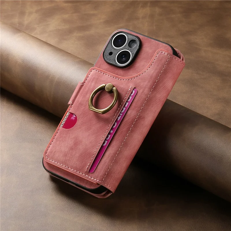 For iPhone 15 Case Zipper Wallet Kickstand Ring Holder Leather + TPU Phone Cover - Pink