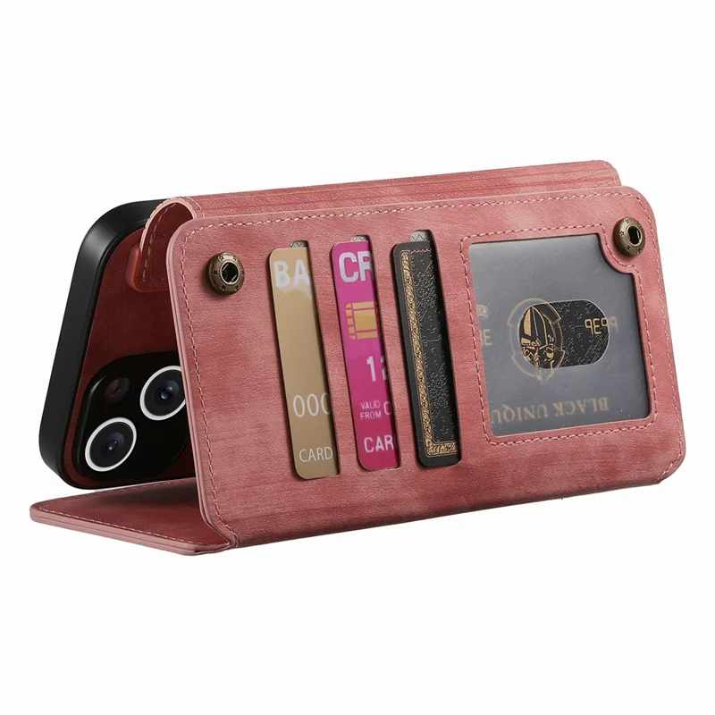 For iPhone 15 Case Zipper Wallet Kickstand Ring Holder Leather + TPU Phone Cover - Pink