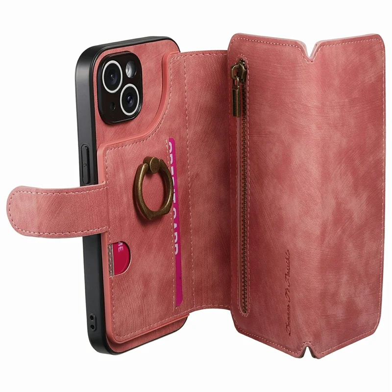 For iPhone 15 Case Zipper Wallet Kickstand Ring Holder Leather + TPU Phone Cover - Pink